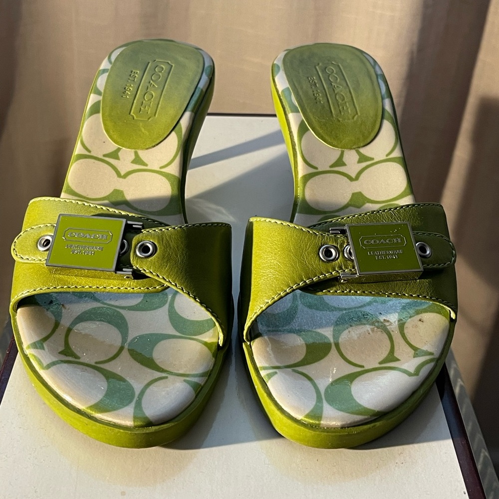 Vintage Coach Calf Leather Lime Green Kitten Heel Sandals - Picture 6 of 10